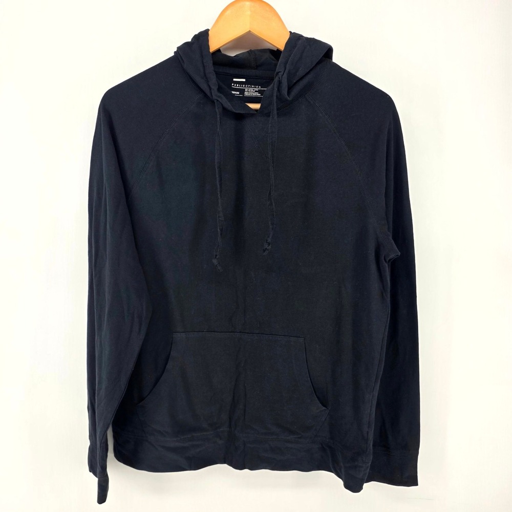 Public Opinion Hoodie Mens Medium Black Pullover Raglan Sleeve Jersey Sweatshirt